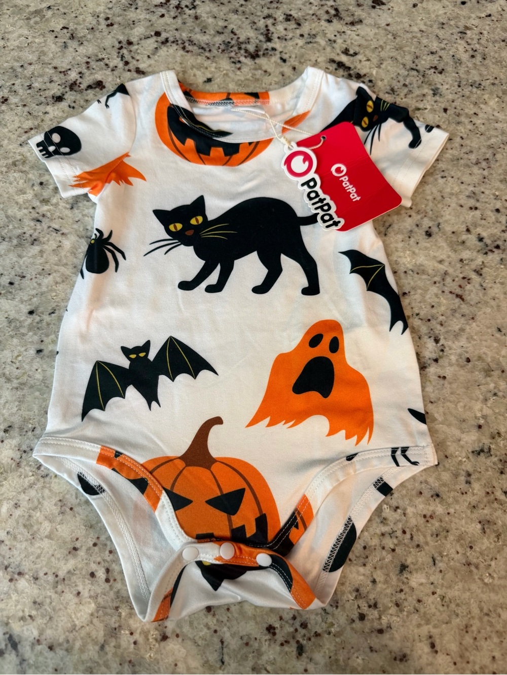 PatPat White Halloween Bodysuit with Black Cats & Orange Pumpkins